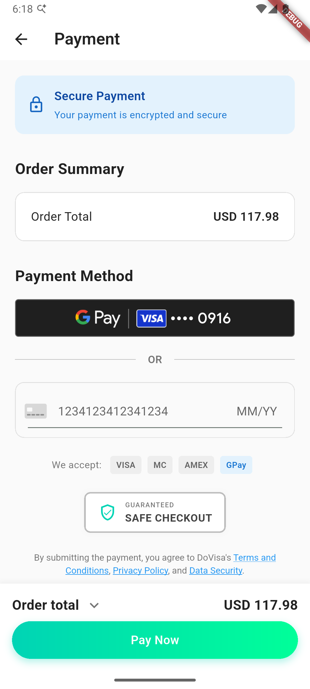 Secure payment methods including Google Pay, VISA, Mastercard, and AMEX