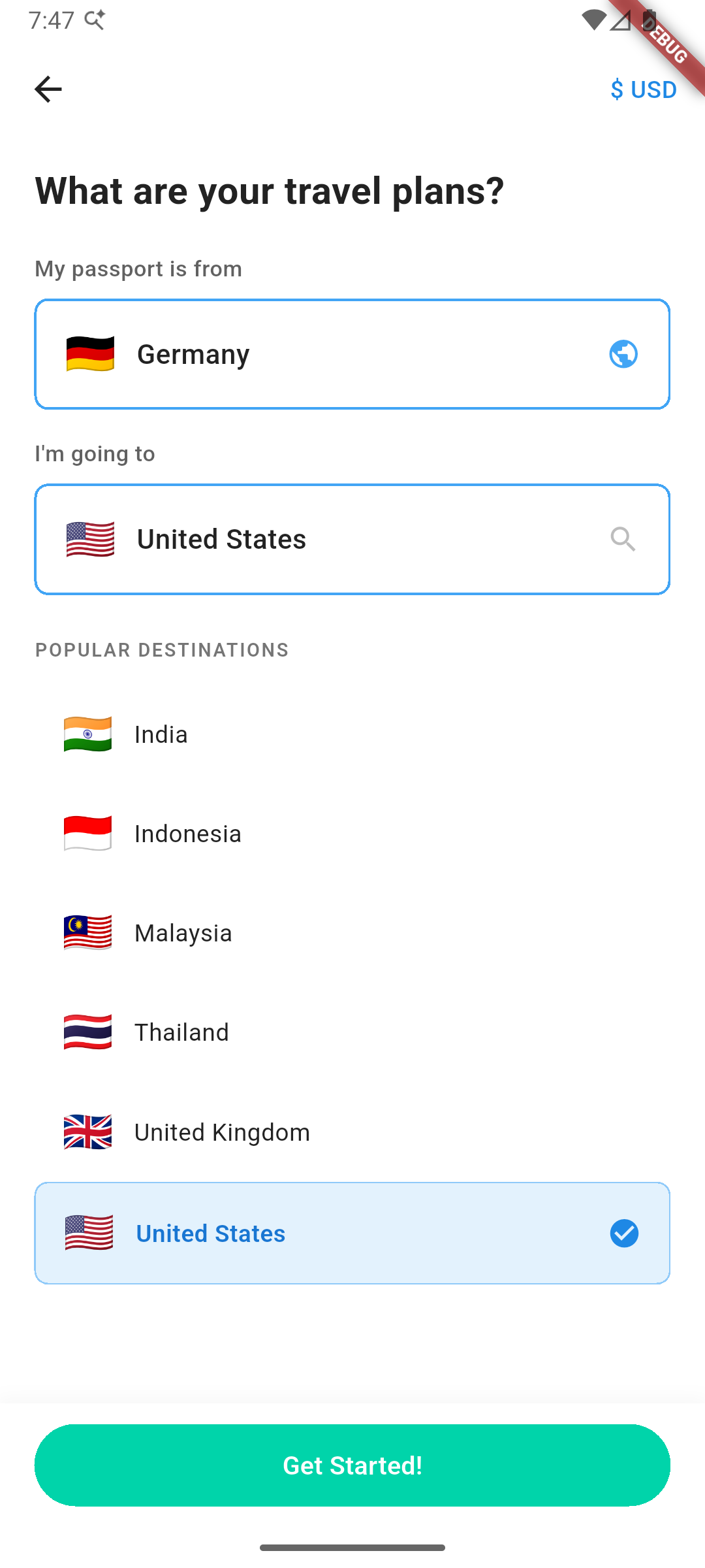 Travel planning interface with country selection